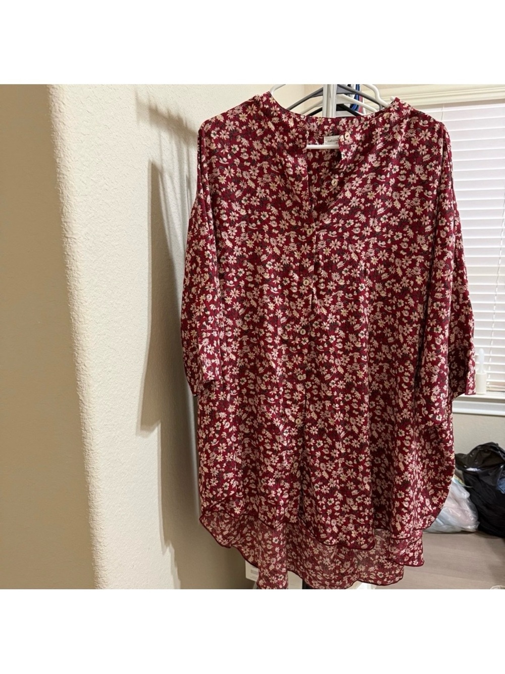 Natural Life Red Floral Button-Front Tunic Bohemian Short Sleeve Flowy Comfy